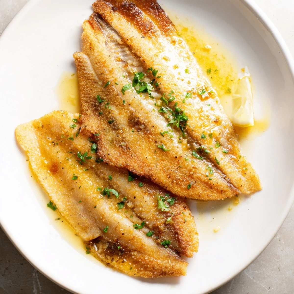 Golden-brown flounder meunière fillets glistening with lemon-browned butter sauce, topped with fresh parsley.
