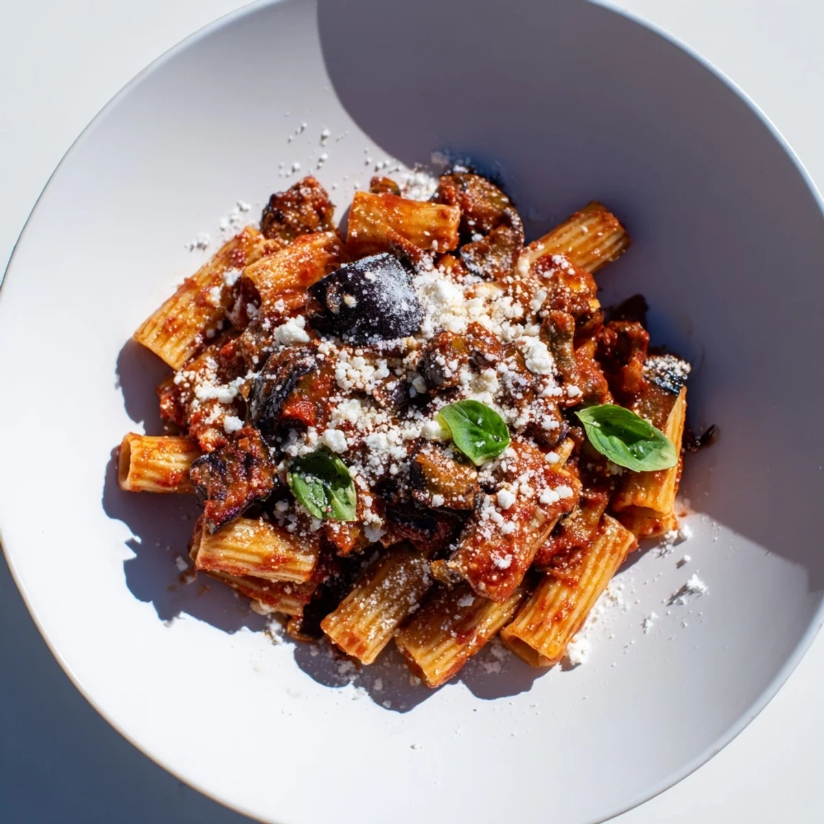 A close-up photo of Sicilian Pasta Alla Norma in a white bowl, featuring golden roasted eggplant cubes nestled in a rich, chunky tomato sauce and topped with grated ricotta salata.