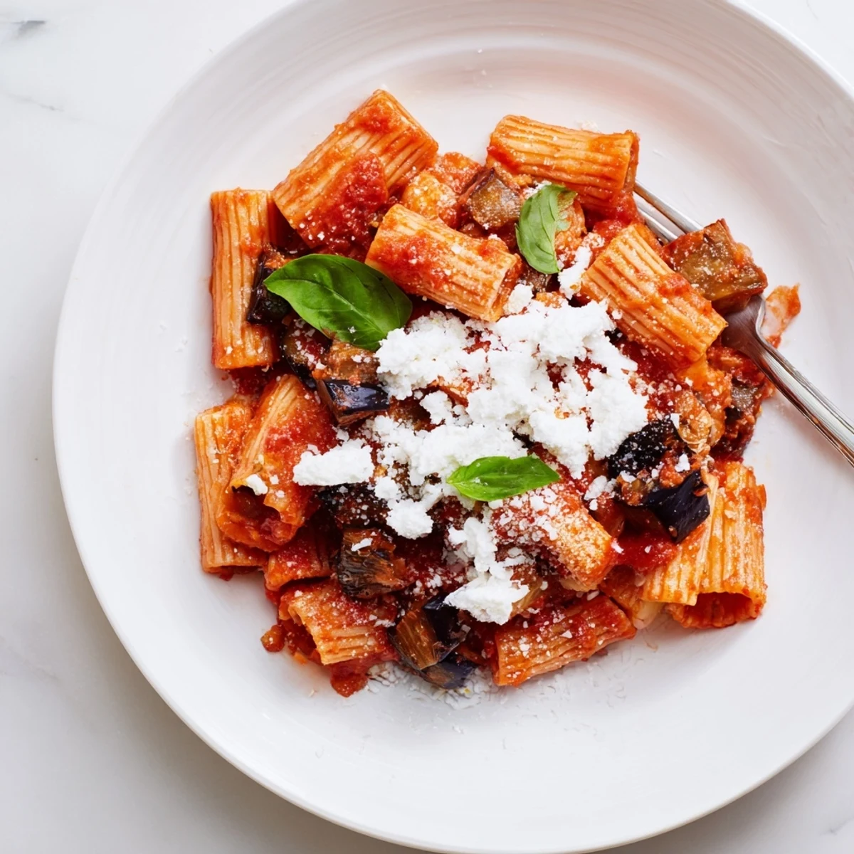 A vibrant serving of Pasta Alla Norma plated with perfectly al dente rigatoni, fresh basil leaves, and crumbles of salty ricotta salata, capturing a rustic Italian meal.