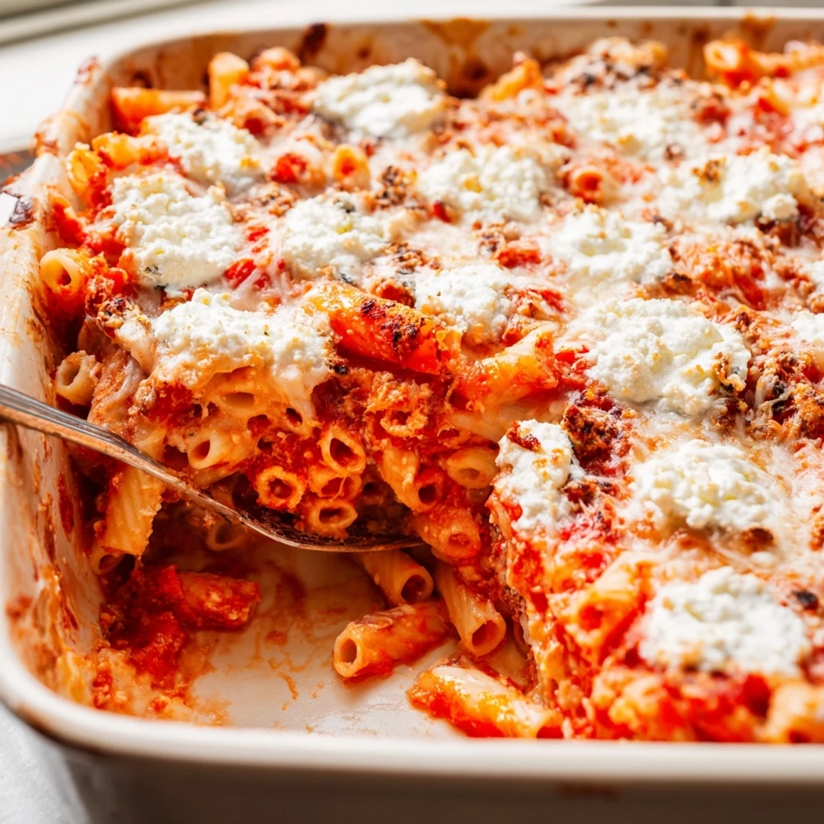 Golden-brown, bubbly Freezer Make-Ahead Baked Ziti fresh from the oven, featuring melted mozzarella and rich tomato sauce in a family-style dish.  
