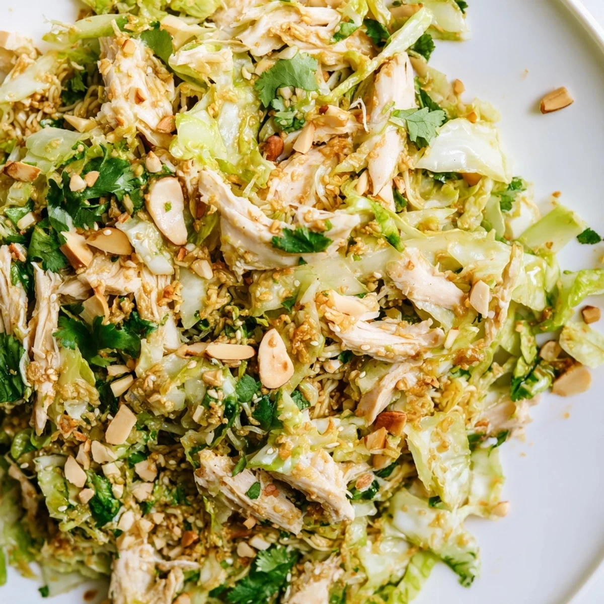Freshly tossed Crunchy Ramen Chicken Salad with shredded cabbage, carrots, and crisp noodles in a sweet sesame dressing.  
