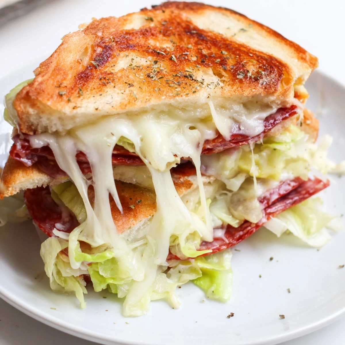 Golden-brown Italian Sub Grilled Cheese sandwiches, sliced to reveal layers of melted provolone, salami, and pepperoni with a tangy lettuce topping.
