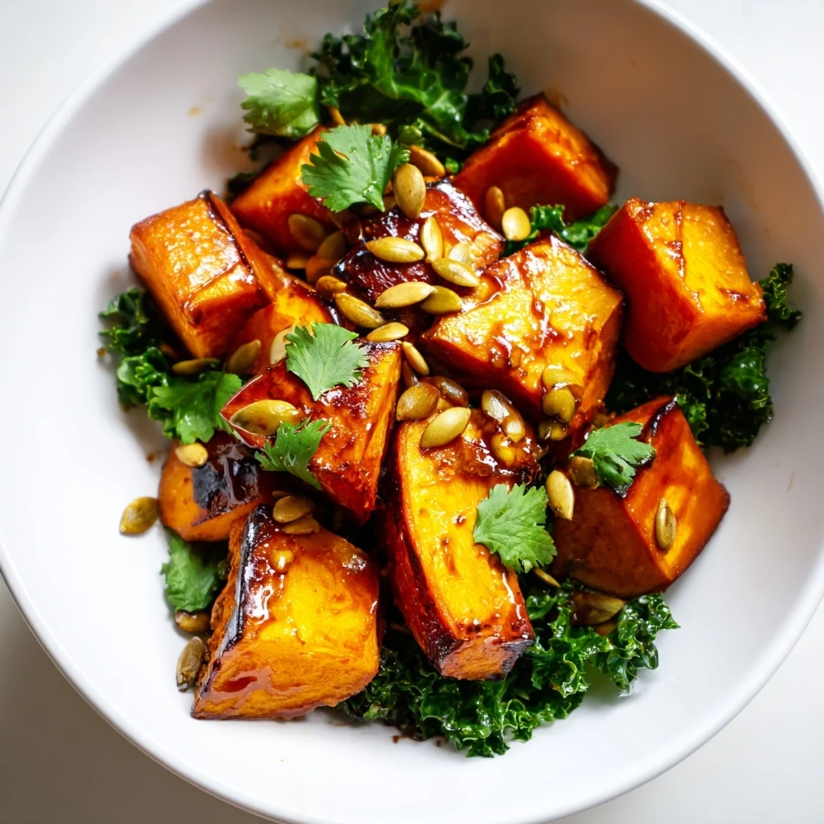 A close-up of Sweet and Spicy Red Kuri Squash Bowl topped with pepitas and cilantro.