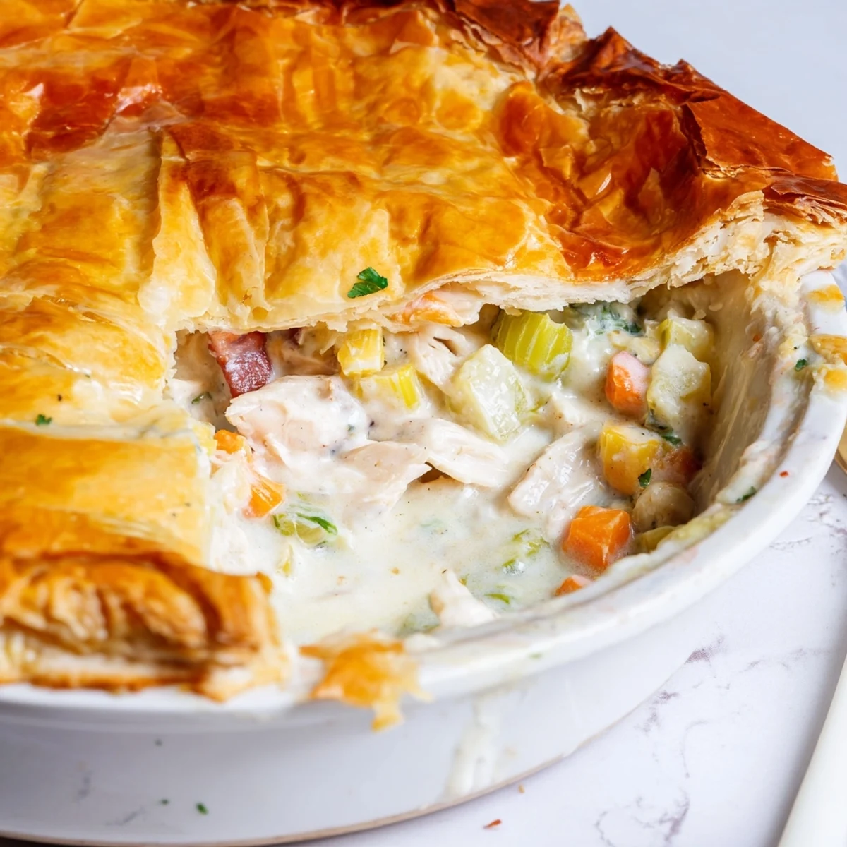 A golden-brown Chicken and Leek Pie fresh from the oven, showing flaky puff pastry with visible leeks and chicken peeking from the filling.