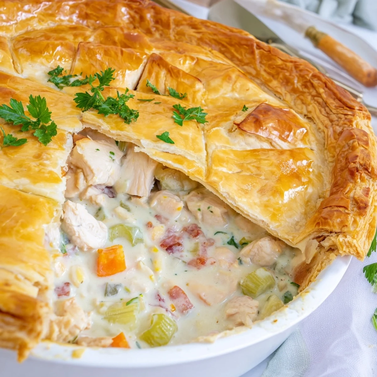 Comforting Chicken and Leek Pie slice on a plate, revealing creamy chicken, leeks, and smoky bacon filling inside.