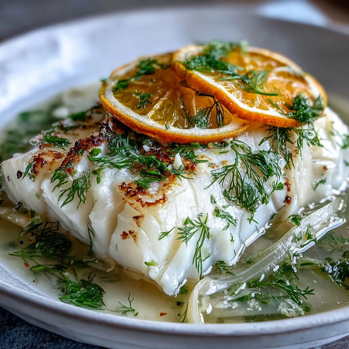 Poached Cod with Fennel and Orange fillets in a steaming, herb-infused broth with bright citrus notes.  
