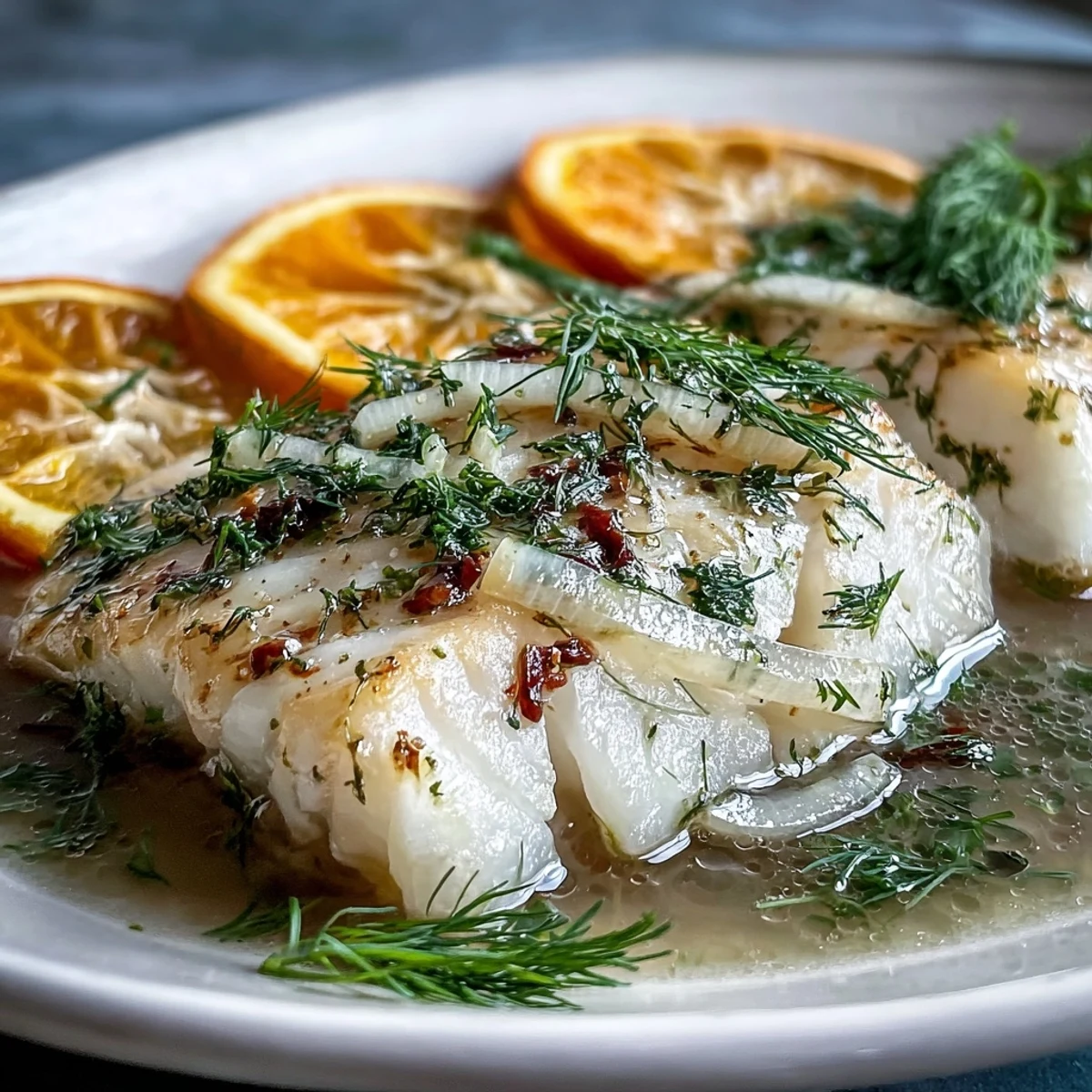 Poached Cod with Fennel and Orange plated on a white dish, garnished with zest and a light, aromatic broth.