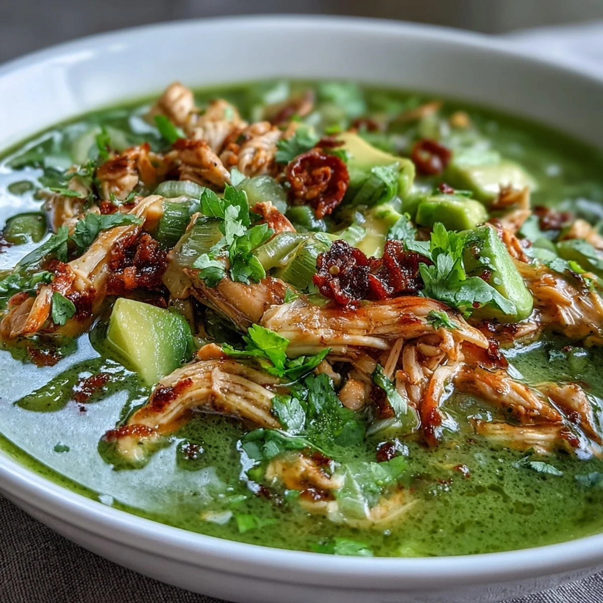 Vibrant green Chicken Chili Verde topped with fresh cilantro and creamy avocado, a delightful dish.