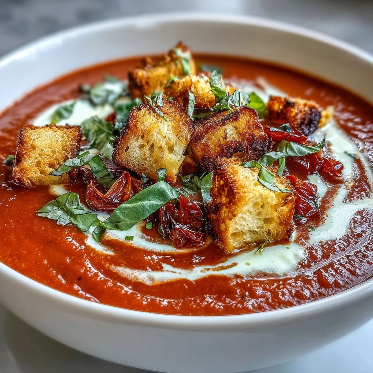 Deep red roasted tomatoes blend into a creamy roasted tomato soup, garnished with fresh basil and crunchy croutons.
