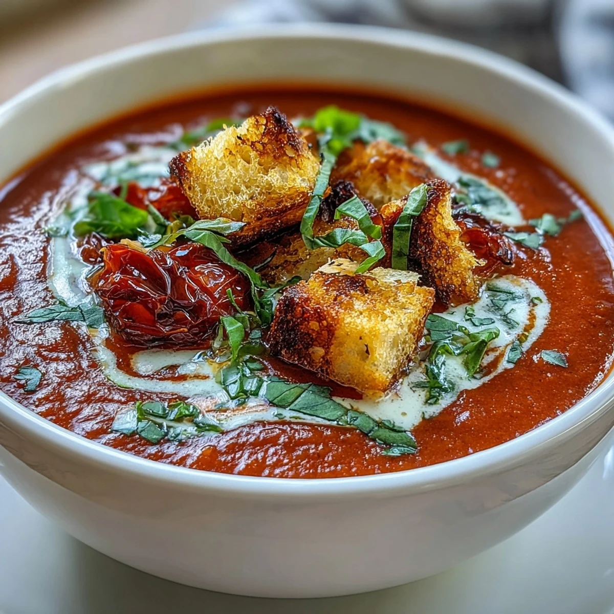 Golden homemade croutons sit atop a velvety creamy roasted tomato soup, ready to be served with a grilled cheese sandwich.
