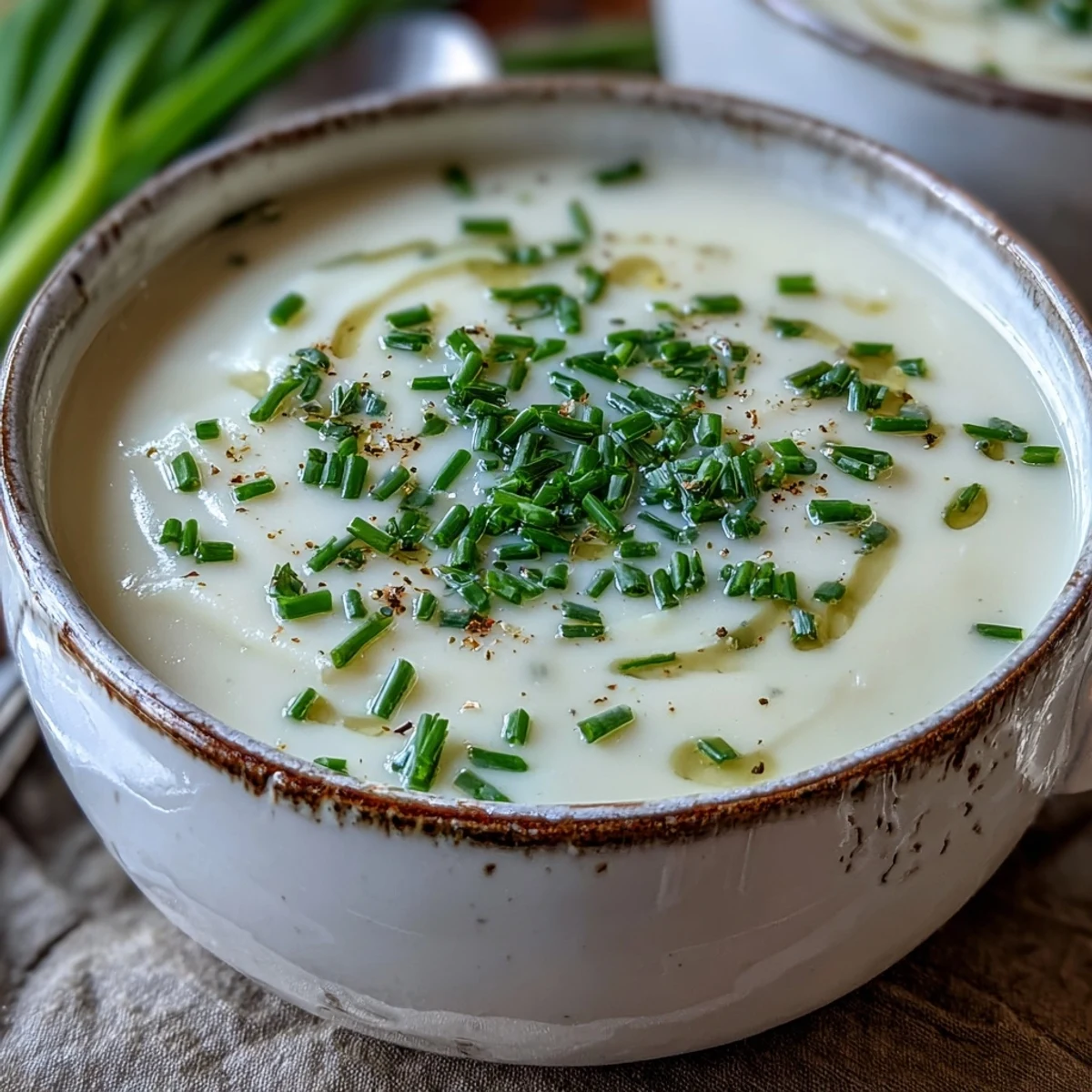 A close-up of creamy Potato Leek Soup in a rustic bowl, topped with fresh chives and crispy bacon crumbles.