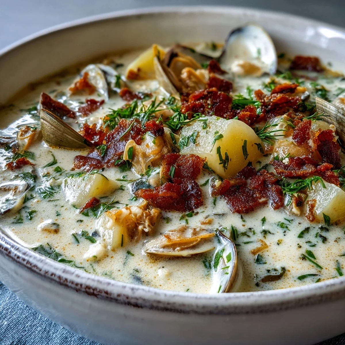 Creamy New England Clam Chowder served hot with oyster crackers and fresh parsley garnish.