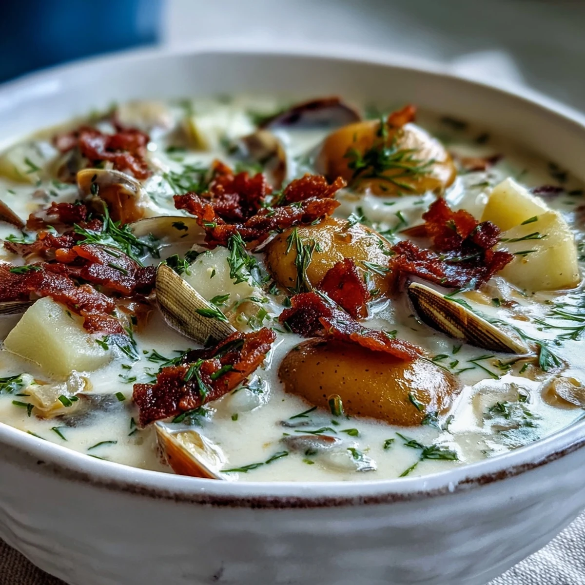 Hearty American soup topped with crisp bacon and parsley, ready to be ladled into bowls.