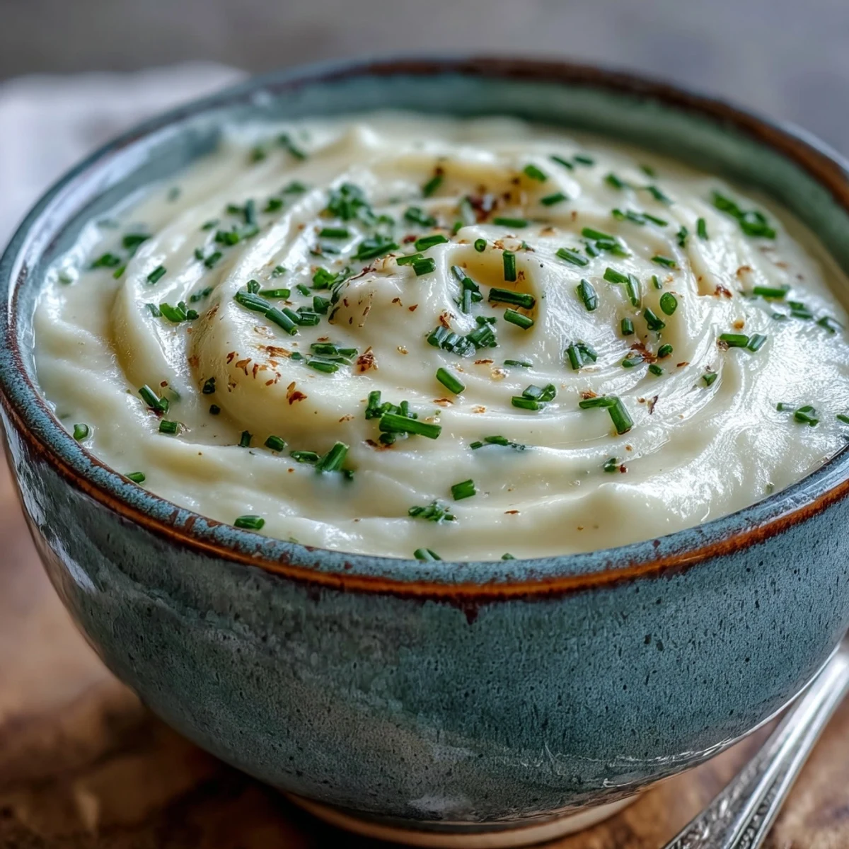 Creamy homemade Potato Leek Soup garnished with fresh chives and a swirl of cream, served warm in a rustic bowl.