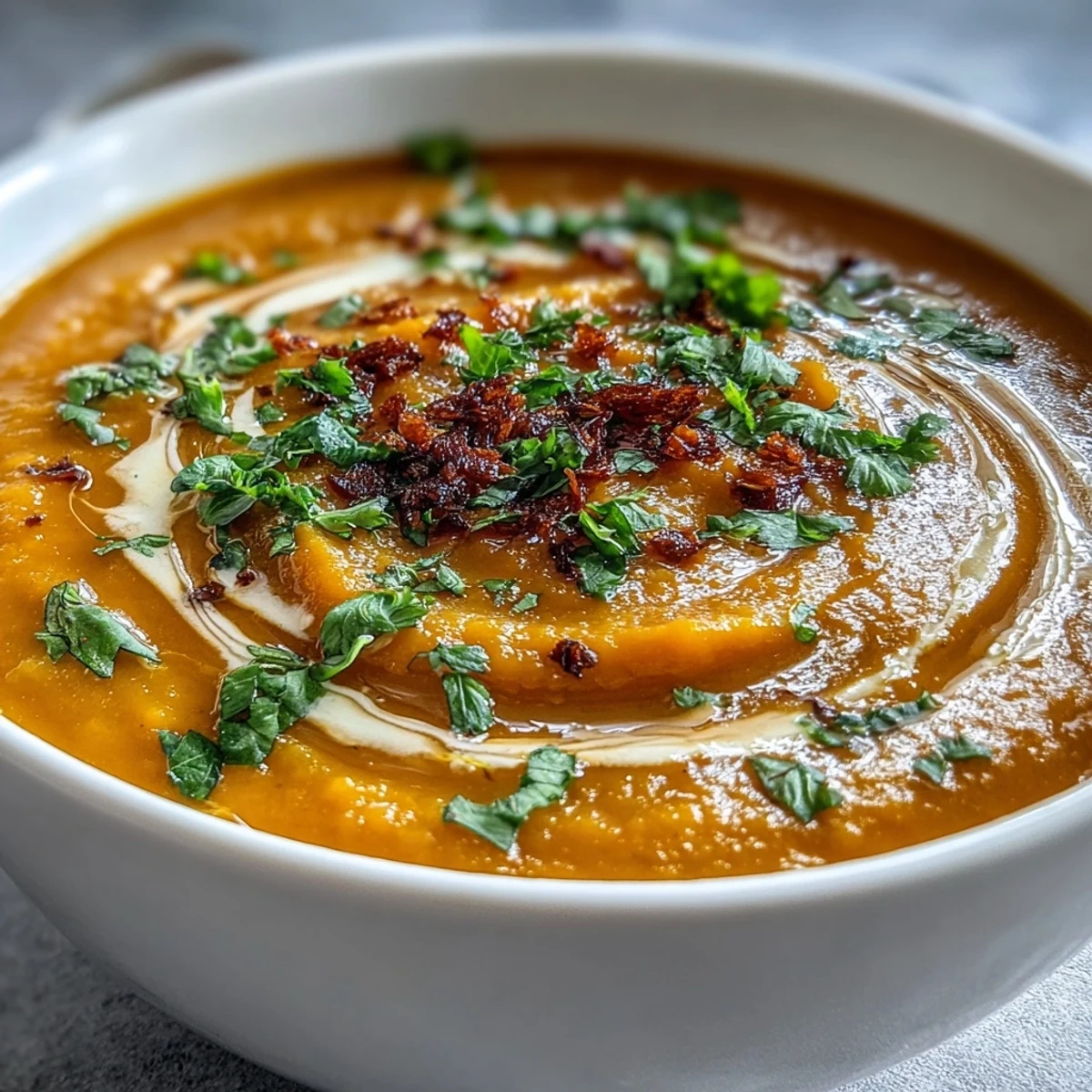 A bowl of vibrant Carrot and Lentil Soup with a swirl of coconut cream and fresh cilantro garnish.