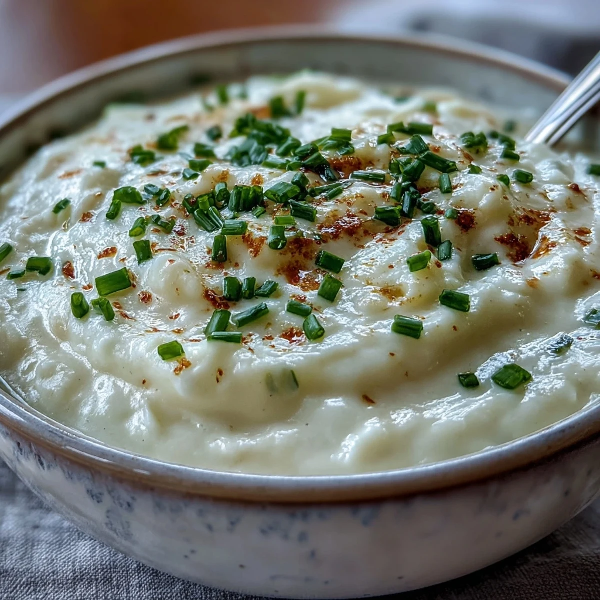 Creamy, velvety Cream of Potato Soup served hot with chives and crispy bacon crumbles.