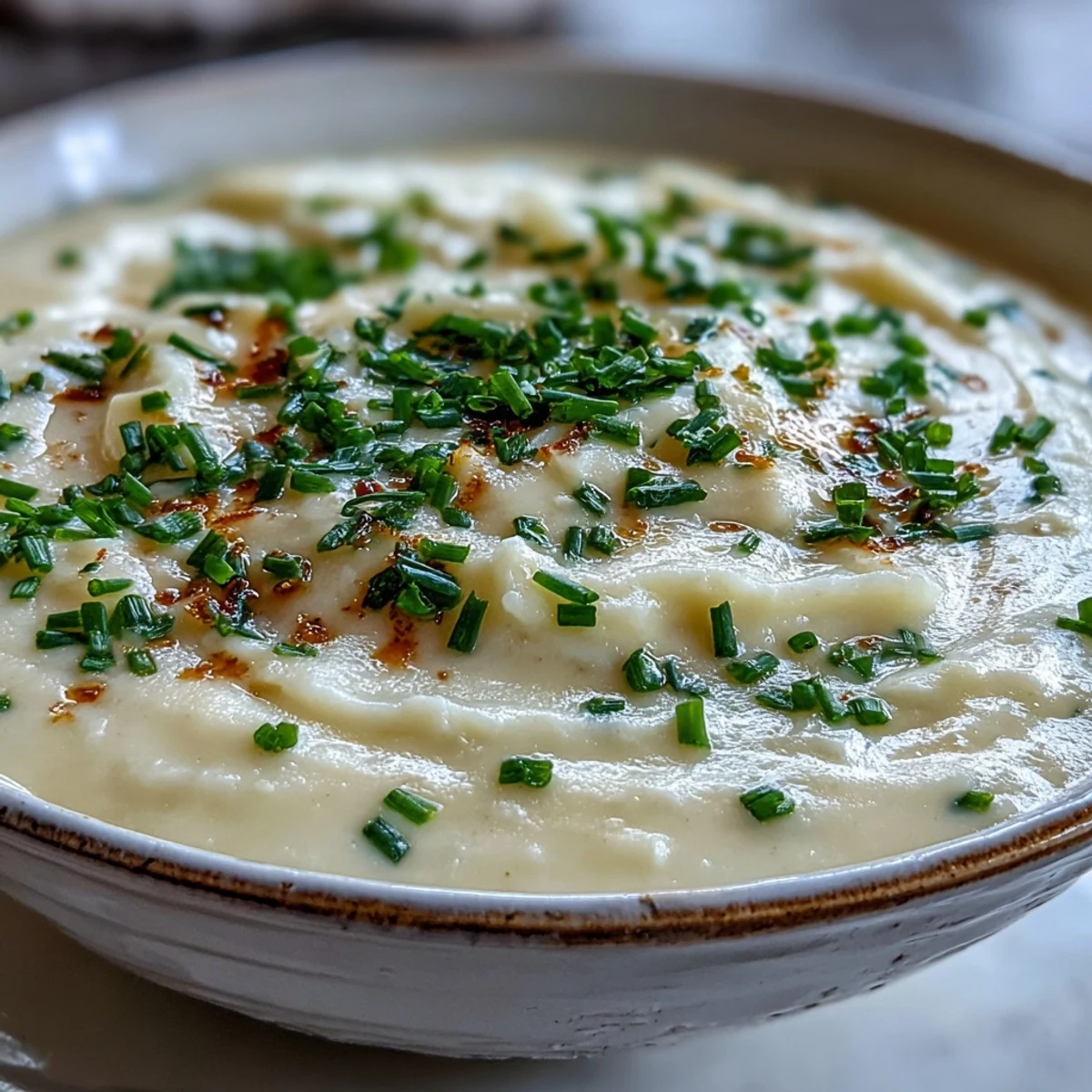 A bowl of Cream of Potato Soup topped with shredded cheddar beside a crusty bread slice.