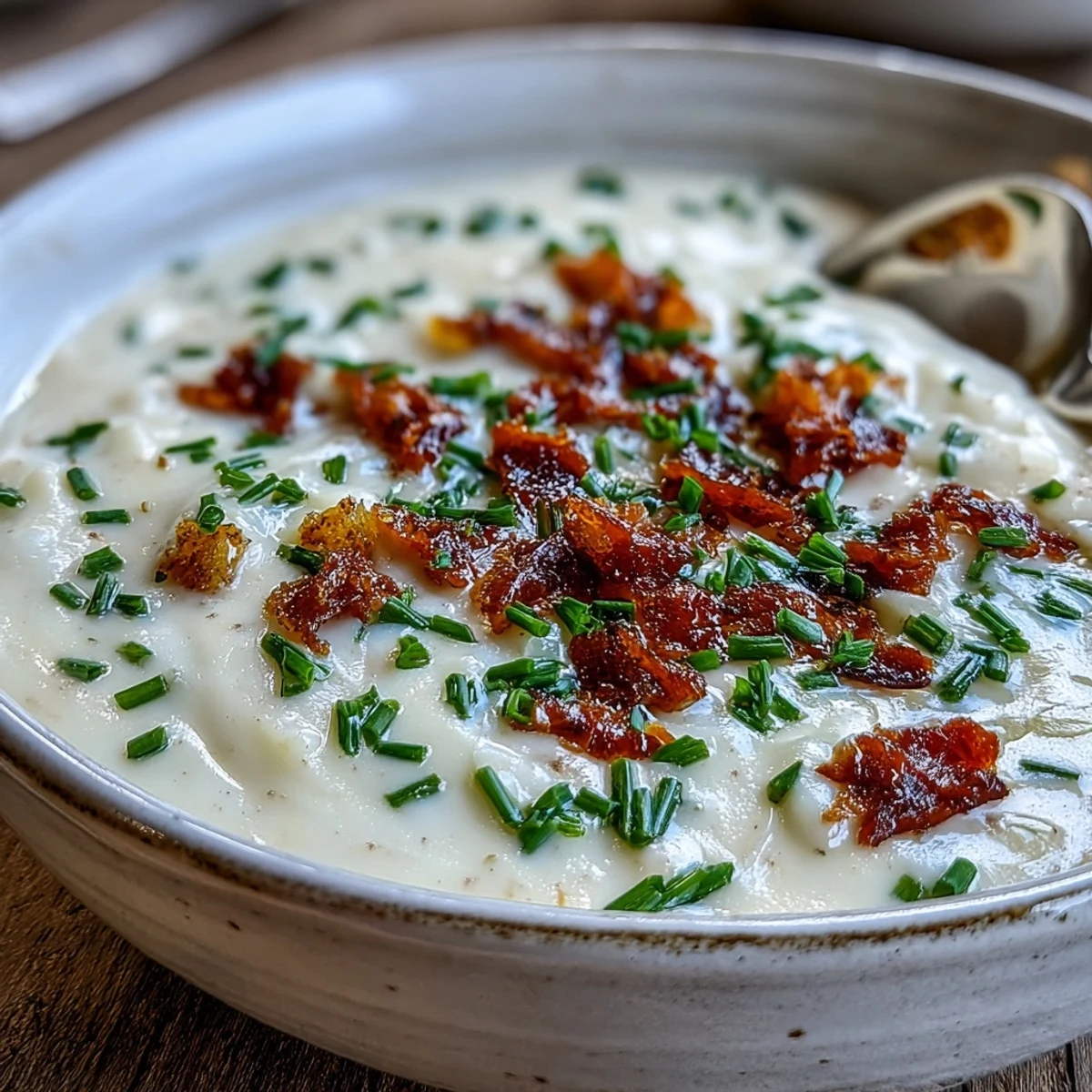 Steaming pot of Cream of Potato Soup with diced vegetables, ready to be ladled into bowls.