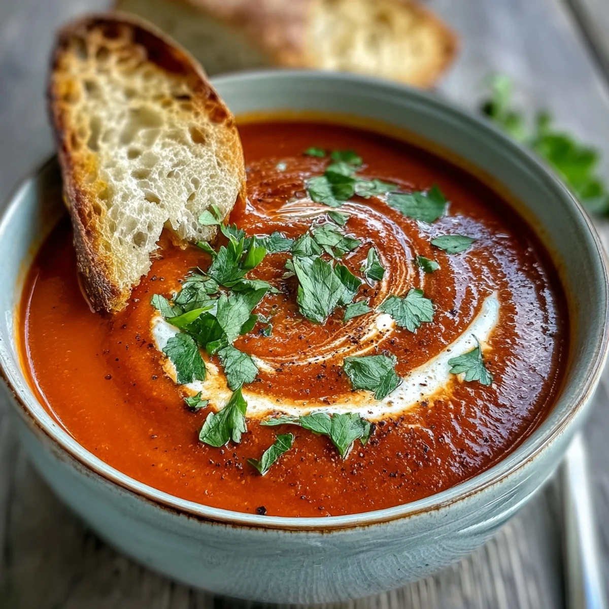 Vibrant Roasted Red Pepper Soup is ladled into a rustic white bowl, garnished with a swirl of cream and fresh cilantro.