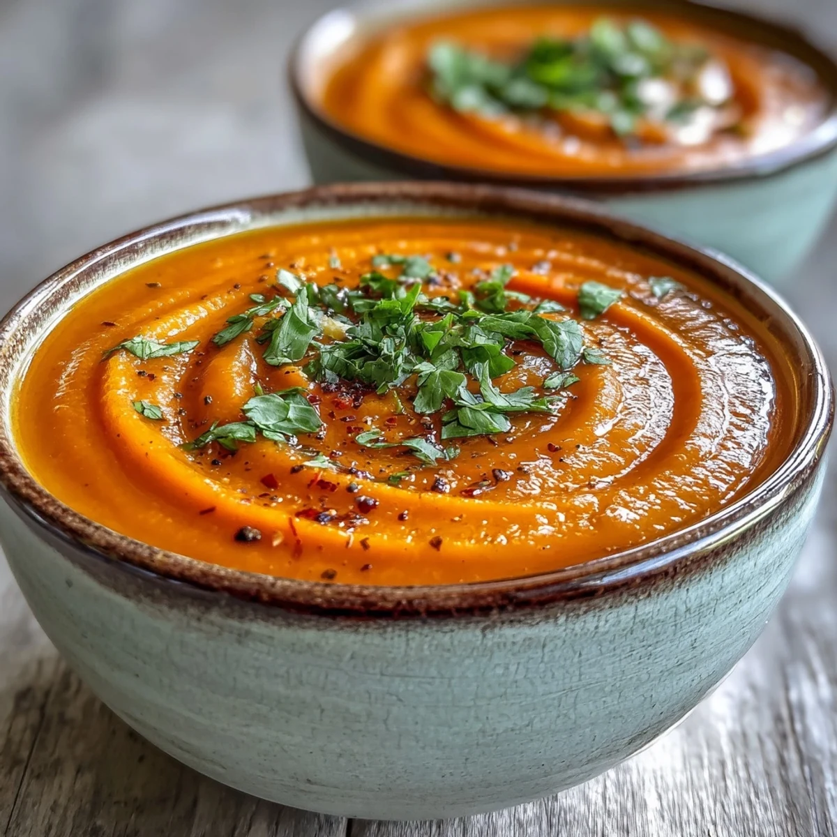 A bowl of creamy Carrot Ginger Soup topped with cilantro, featuring vibrant orange puree and a coconut milk swirl.