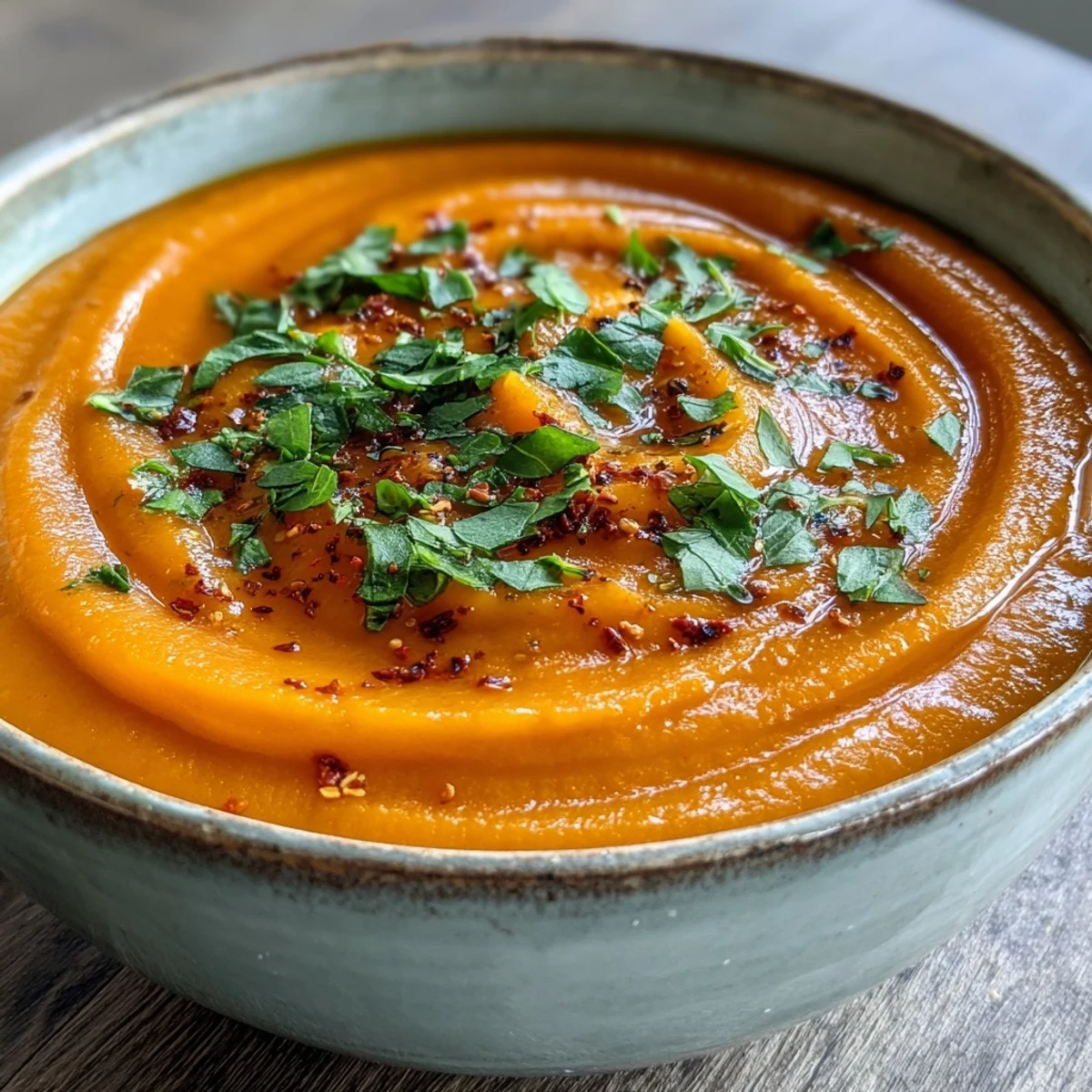 Warm Carrot Ginger Soup served in a rustic ceramic bowl, accompanied by toasted pumpkin seeds and crusty bread.