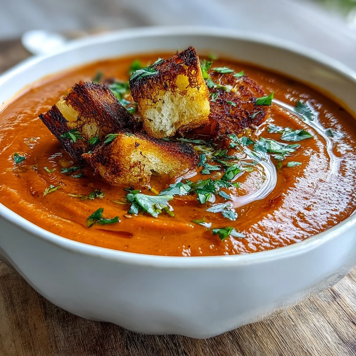 A warm bowl of Roasted Red Pepper Soup topped with golden, crunchy croutons and fresh herbs.