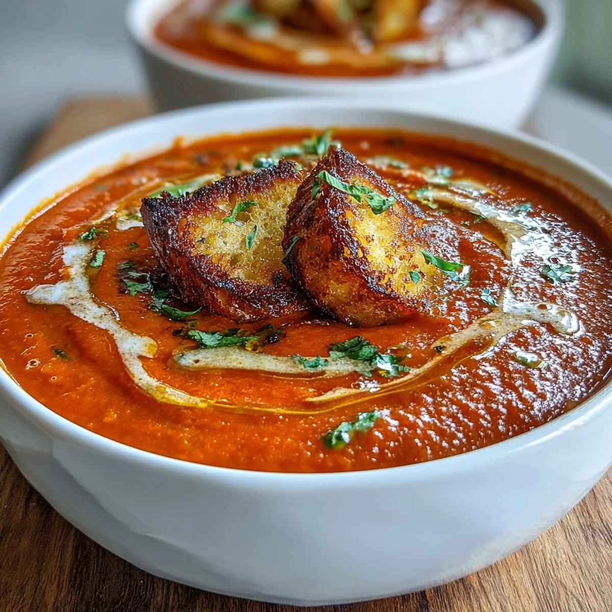 Creamy Roasted Red Pepper Soup with crispy croutons, garnished with parsley and a harissa swirl.