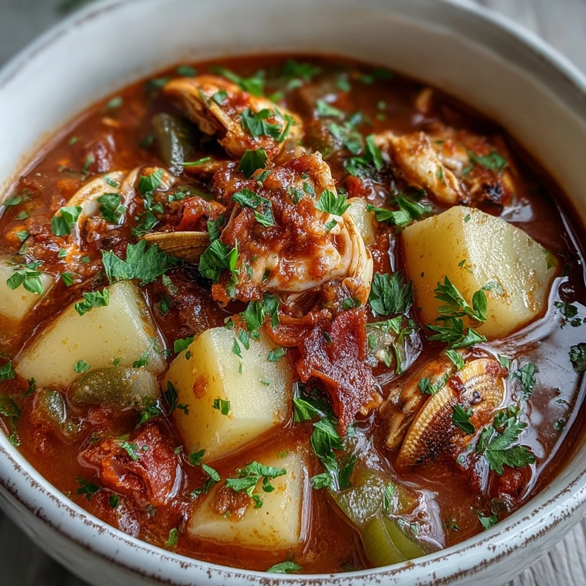 A steaming bowl of Manhattan Clam Chowder loaded with tender clams, potatoes, and diced tomatoes.