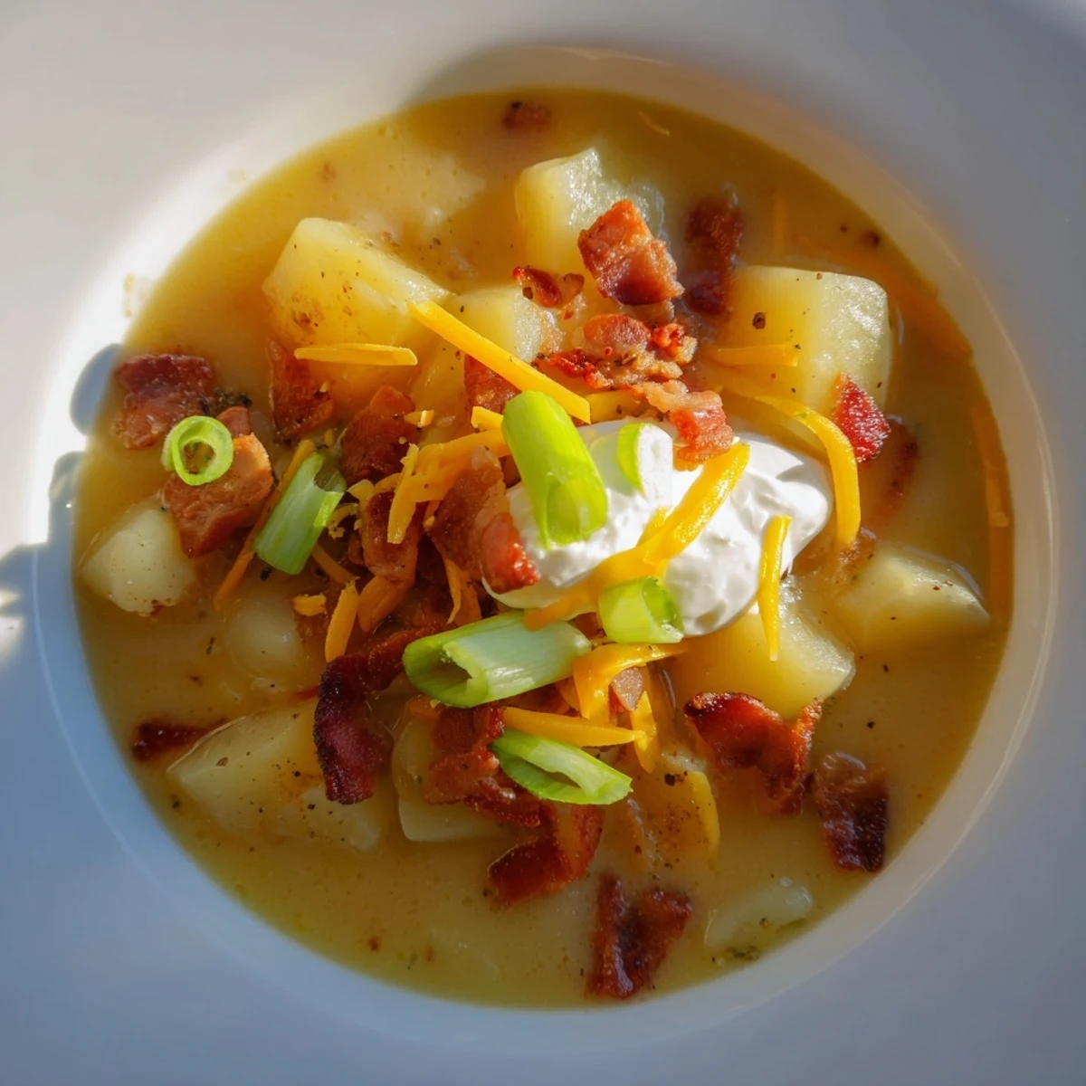 Hearty bowl of Loaded Baked Potato Soup topped with green onions, shredded cheddar, and crumbled bacon on a wooden table.