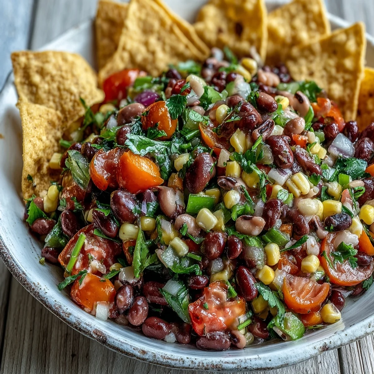 Cowboy Caviar salad in a white bowl, featuring black beans, corn, red and green bell peppers, and fresh cilantro.