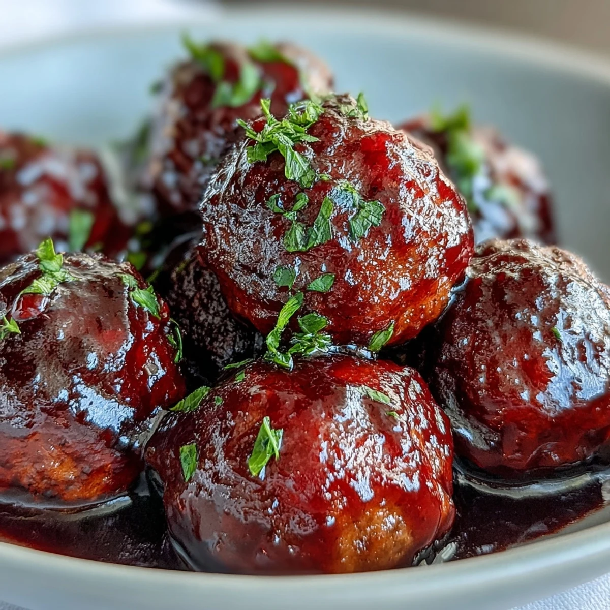 Tender meatballs coated in a sweet grape jelly and chili sauce glaze served as a party appetizer with toothpicks.