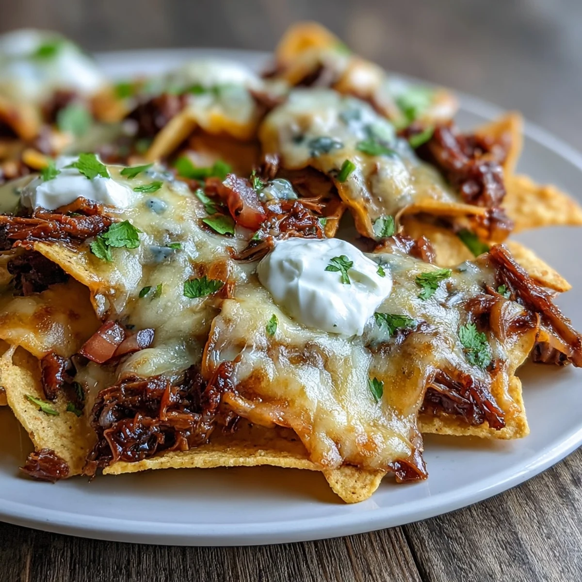 Freshly baked BBQ Beef Nachos with tender beef, gooey cheese, tomatoes, and avocado, arranged on a baking sheet for a party snack.