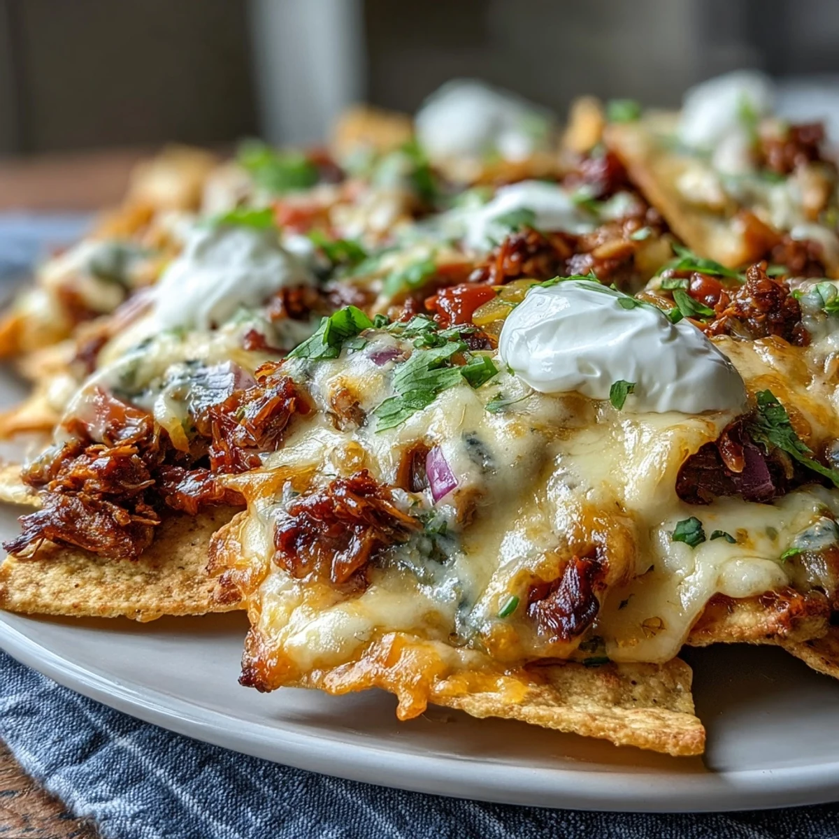 Hearty BBQ Beef Nachos topped with sour cream, pickled jalapeños, diced red onions, and fresh cilantro on a rustic serving platter.