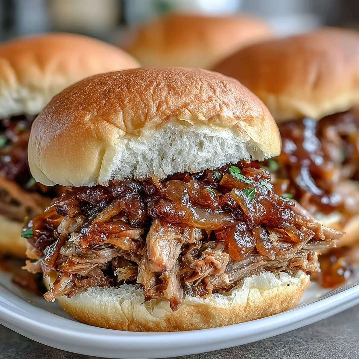 Shredded Applesauce Pulled Pork Sandwiches stuffed with apple-infused meat, ready to eat on a wooden serving board.