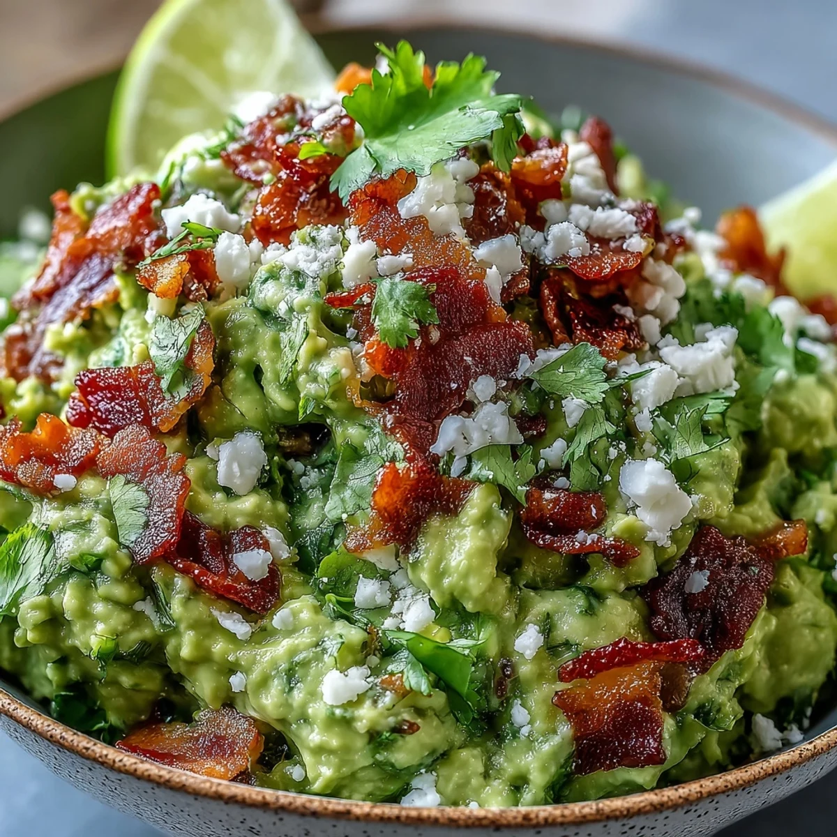 Close-up of Bacon Guacamole with Cotija Cheese topped with smoky bacon bits, showing a rich, chunky texture.