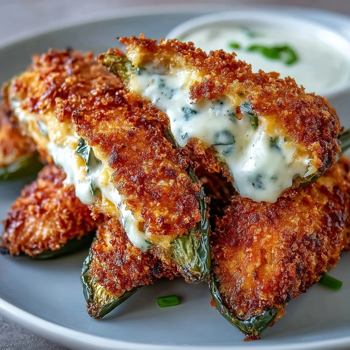 Half of a golden Air Fryer Jalapeño Poppers showing melted cheese filling, garnished with fresh chives.