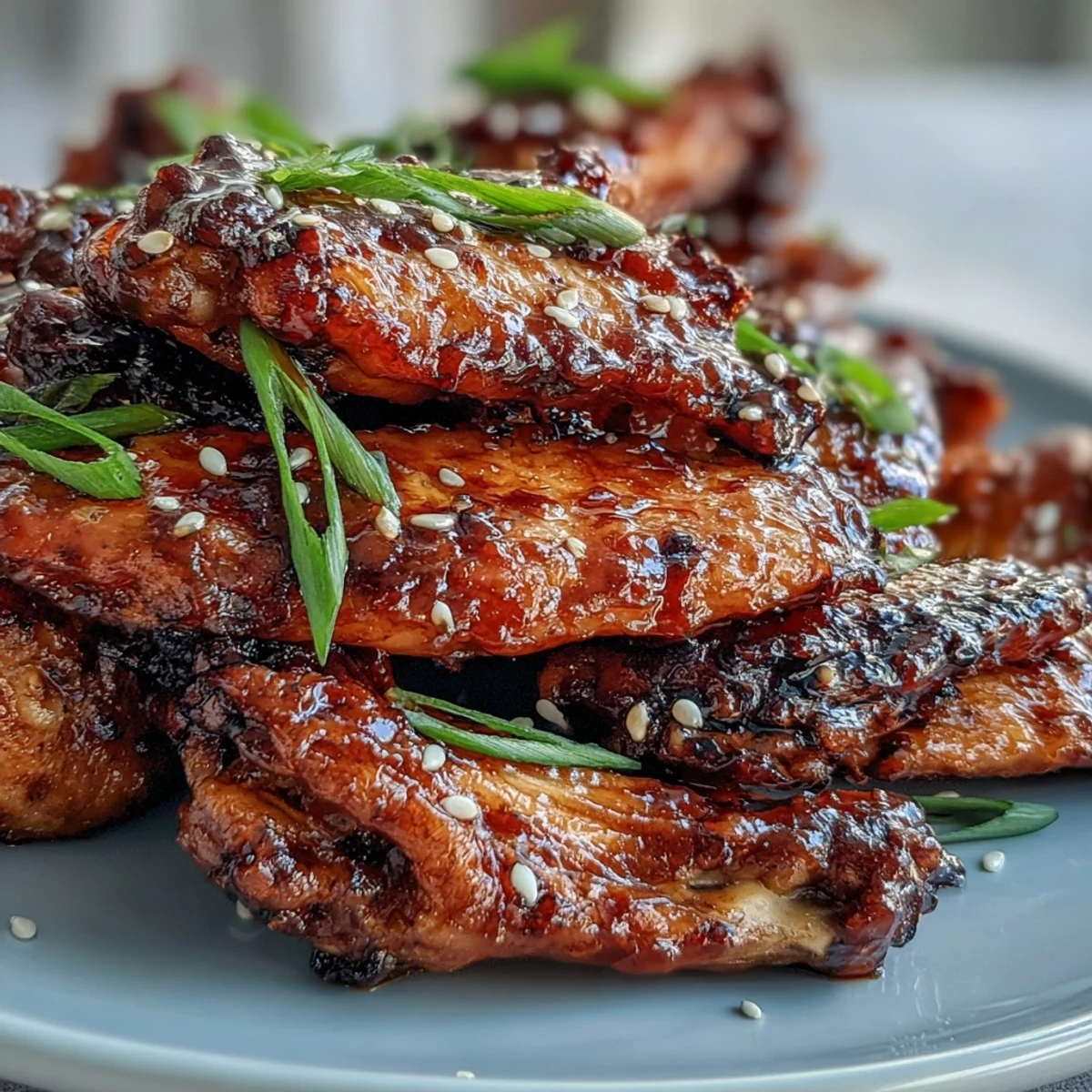 Freshly cooked Coca Cola Chicken Wings glistening with sticky, sweet-savory glaze, topped with green scallions and sesame seeds on a serving platter.