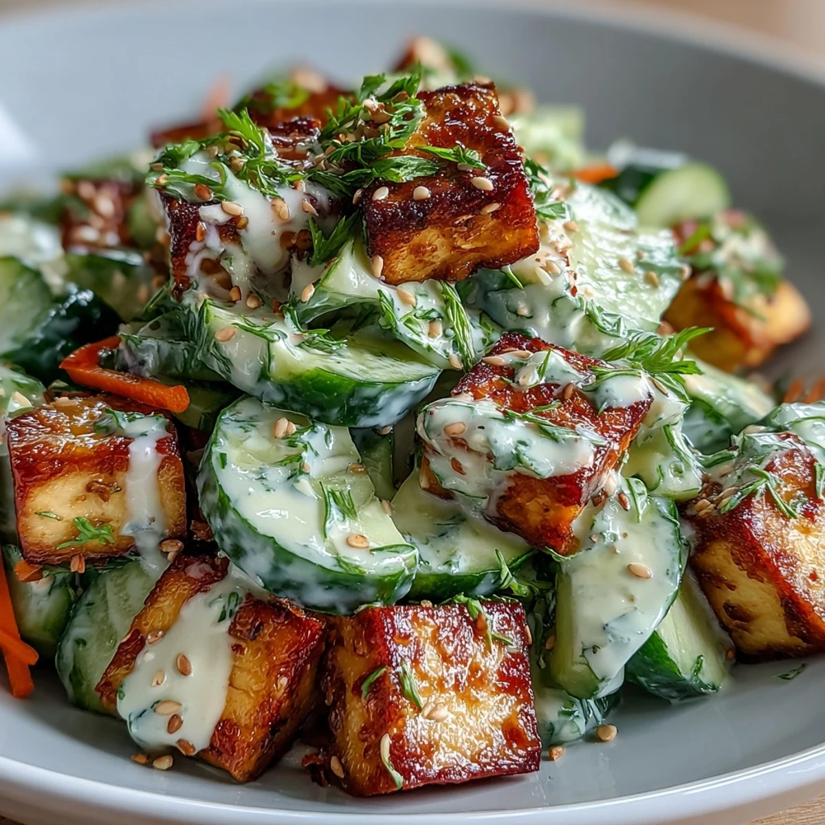 Crispy tofu cubes and creamy sesame-ginger dressing coat crunchy cucumbers and carrots.