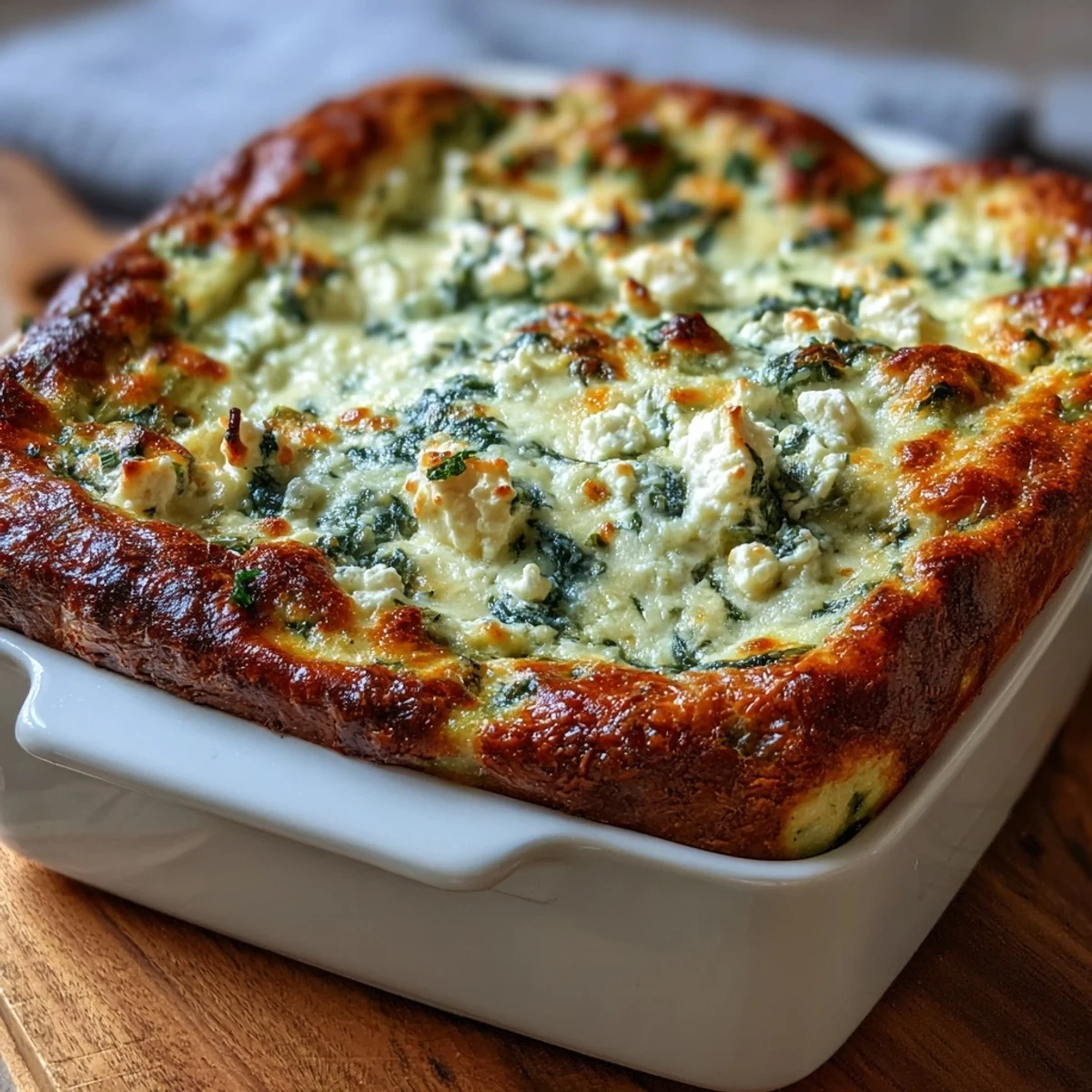 Freshly baked High Protein Spinach Artichoke Casserole with golden edges and a creamy texture, served warm from the oven.
