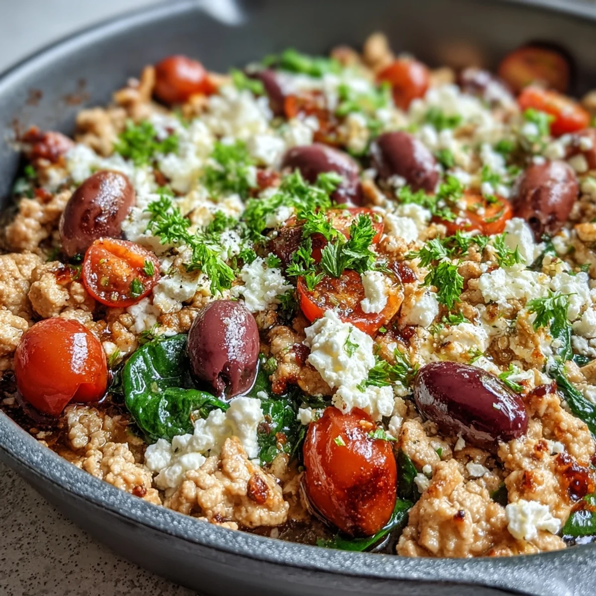 Topped with crumbled feta and fresh parsley, the Mediterranean Keto Ground Chicken Skillet with Olives and Feta is ready to serve.