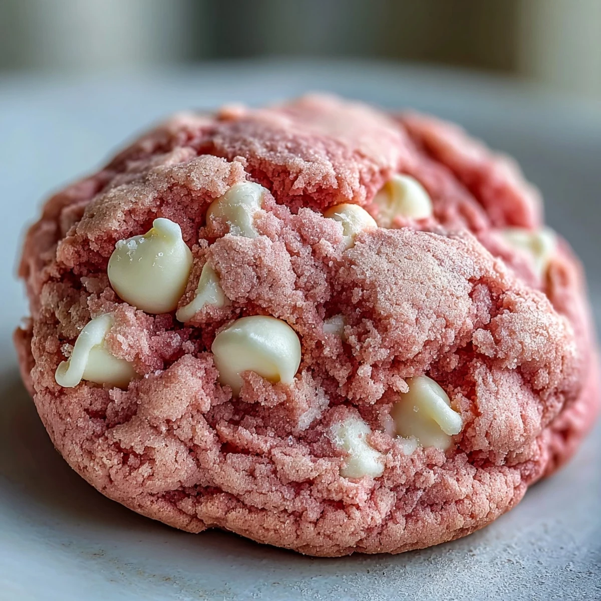 A close-up of Pink Velvet Cookies showing cracked tops and melting white chocolate chips, with more chips sprinkled on top for decoration.