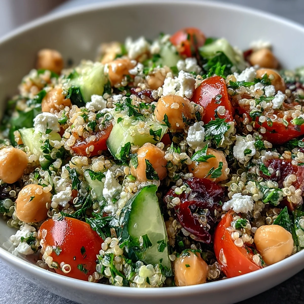 High Protein Quinoa & Chickpea Salad with creamy feta, cherry tomatoes, and cucumber, served as a healthy Mediterranean-inspired lunch.