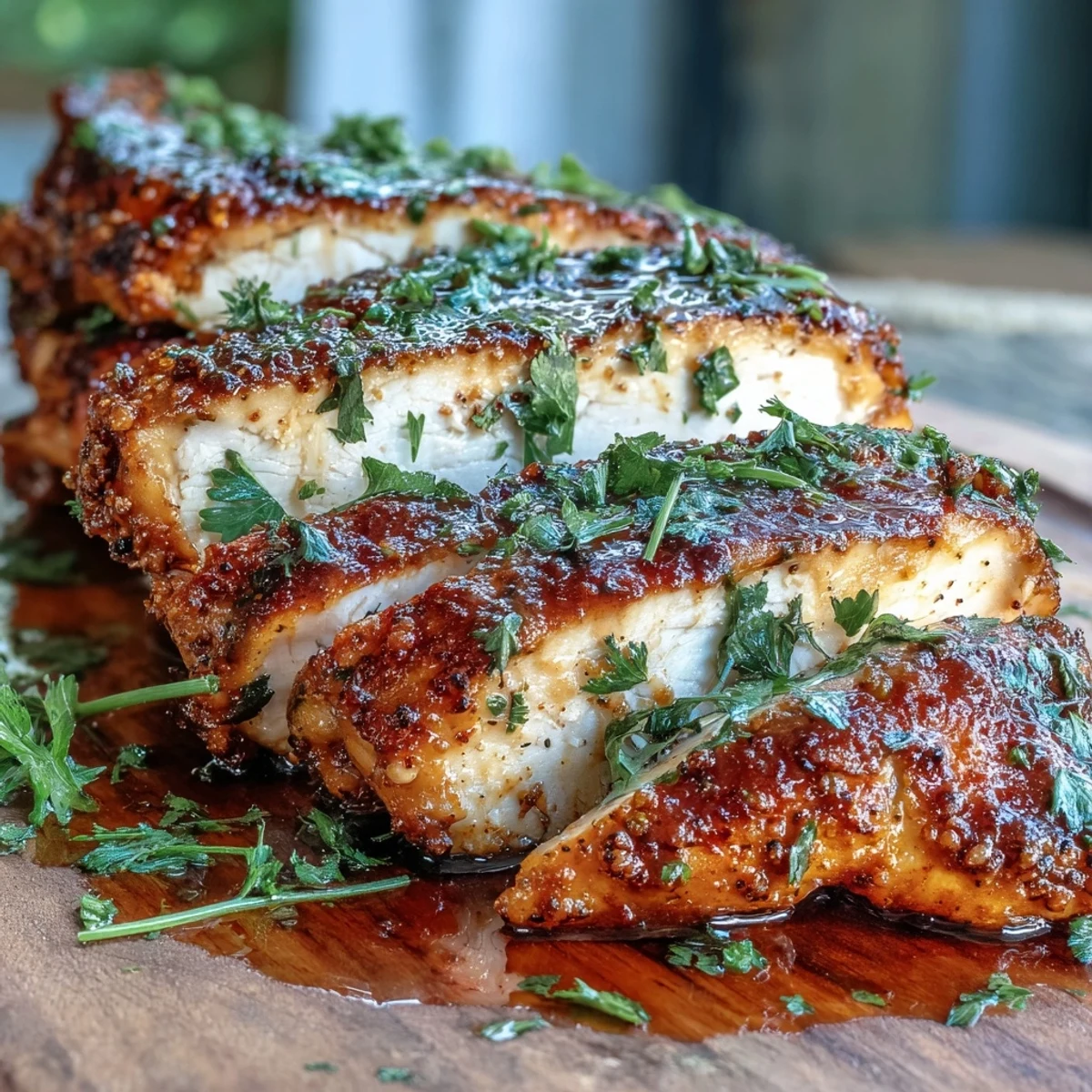 Golden brown Oven Baked Chicken Breast fresh from the oven, garnished with lemon slices and parsley.