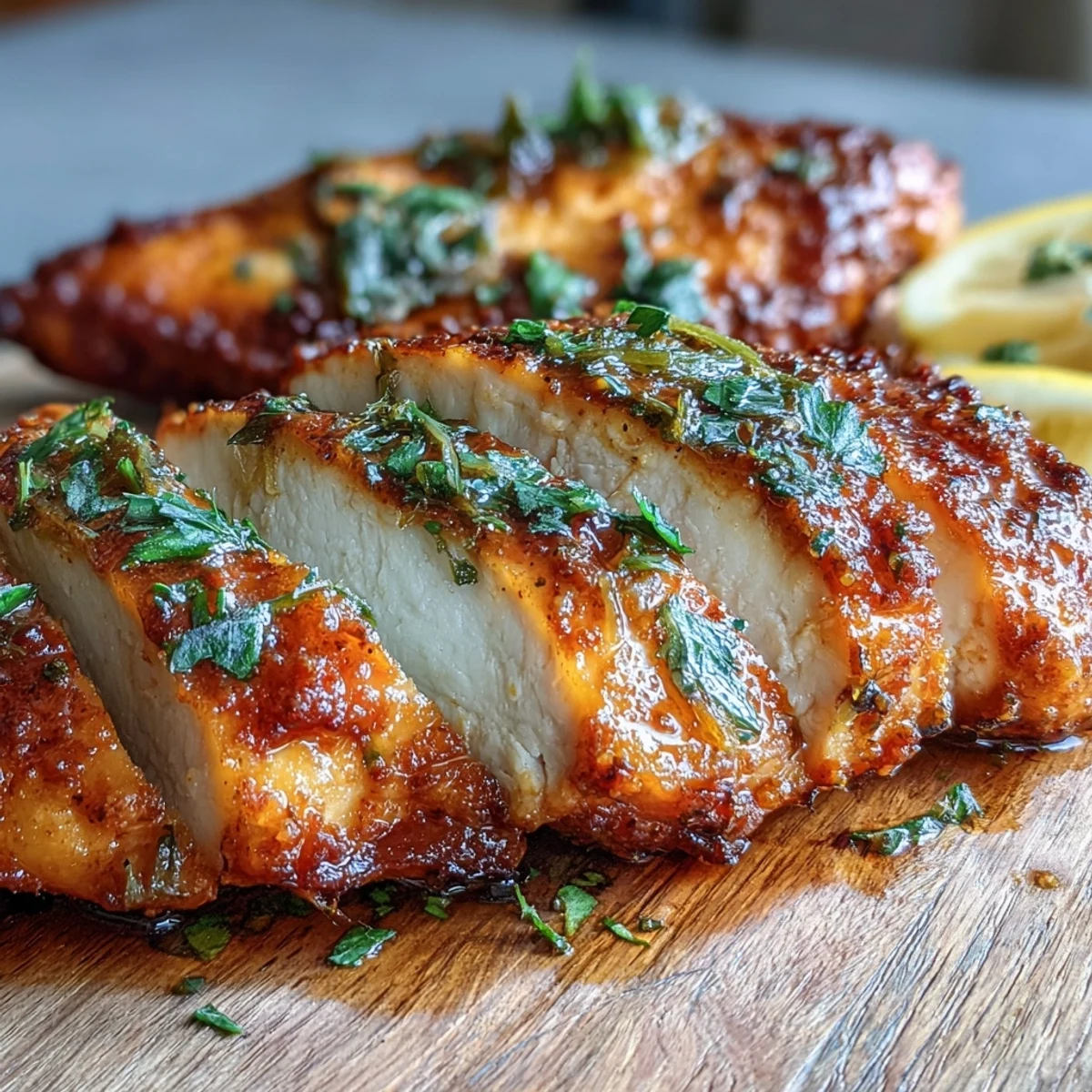 Sliced juicy Oven Baked Chicken Breast on a plate, ready to be served with roasted vegetables.