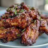 Tender Coca Cola Chicken Wings simmering in a rich, bubbly sauce with garlic and ginger in a skillet.