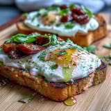 Elegant Honey Peach Burrata Toast featuring juicy peach slices and burrata cheese, drizzled with honey and olive oil, garnished with basil.  