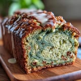 Slice of matcha banana bread with rich green and golden-brown layers, perfect for breakfast or snack.  