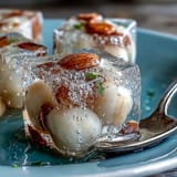 Translucent lychee jelly cubes are served in chilled sparkling yuzu water with a hint of sweetness and fresh mint.  