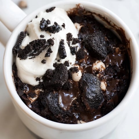 Fudgy Oreo mug cake, warm and bubbly with optional chocolate chips, ready in minutes.