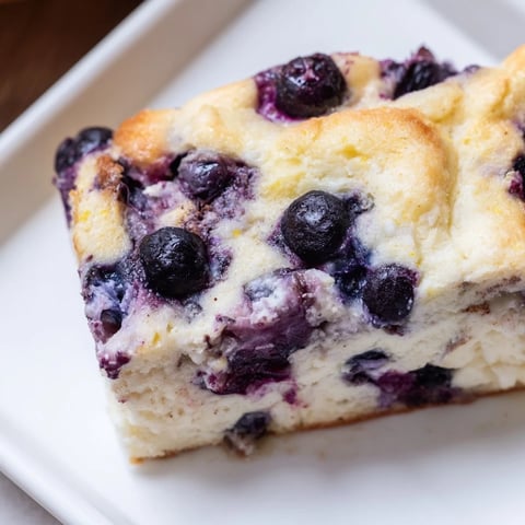 Golden-brown Blueberry Cottage Cheese Bake, baked to perfection with juicy blueberries, ready to serve.